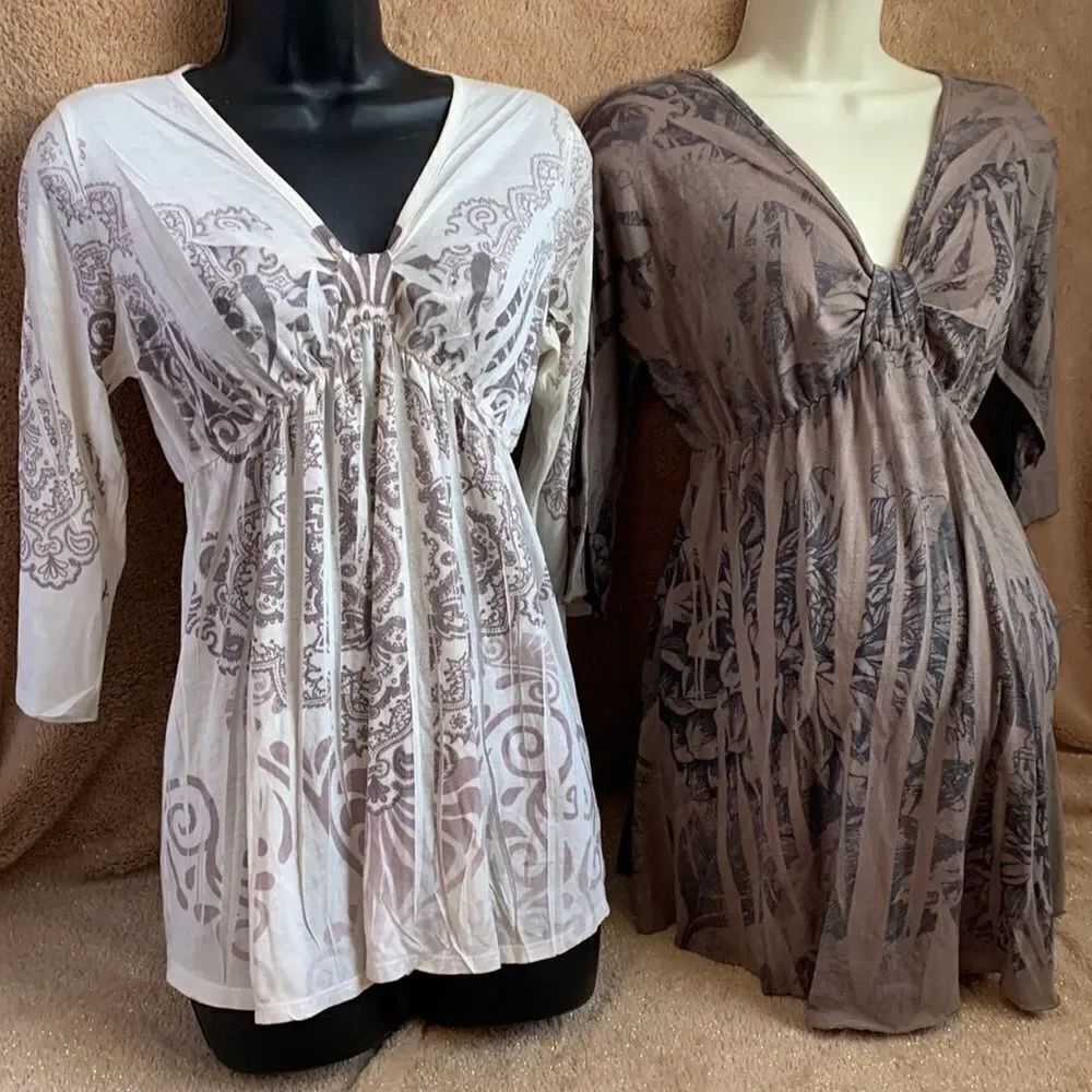 Designer Set of 2 Maternity Tunic Tops Shirts M Ivory/ Brown